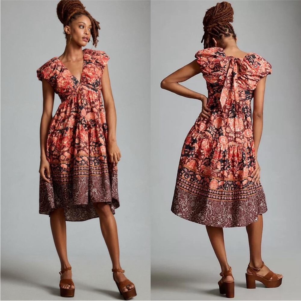 Flutter Sleeve Floral Midi Dress in Rust